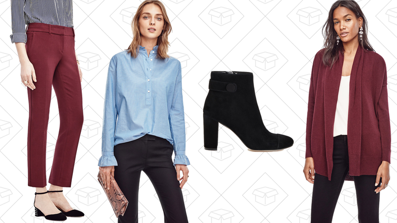 Devin Everyday Ankle Pants, $49 | Ruffle Chambray Shirt, $40 | Imogen Suede Booties, $99 | Cashmere Open Cardigan, $99